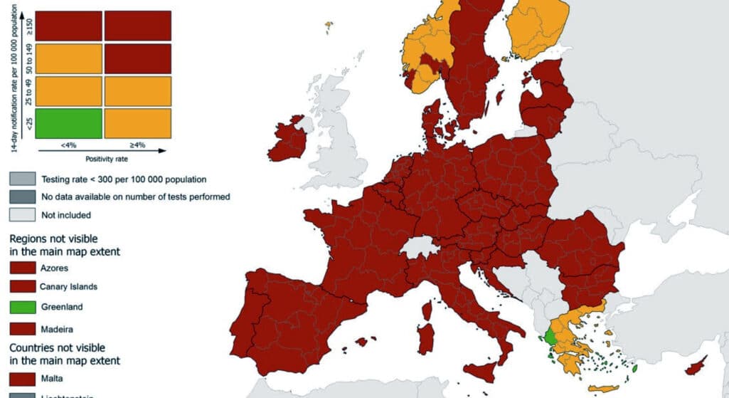 Δημοσιεύθηκαν από το Ευρωπαϊκό Κέντρο Πρόληψης και Ελέγχου Νόσων (ECDC) οι αναθεωρημένοι έγχρωμοι χάρτες που αποτυπώνουν την επιδημιολογική εικόνα στα κράτη-μέλη της Ευρωπαϊκής Ενωσης.