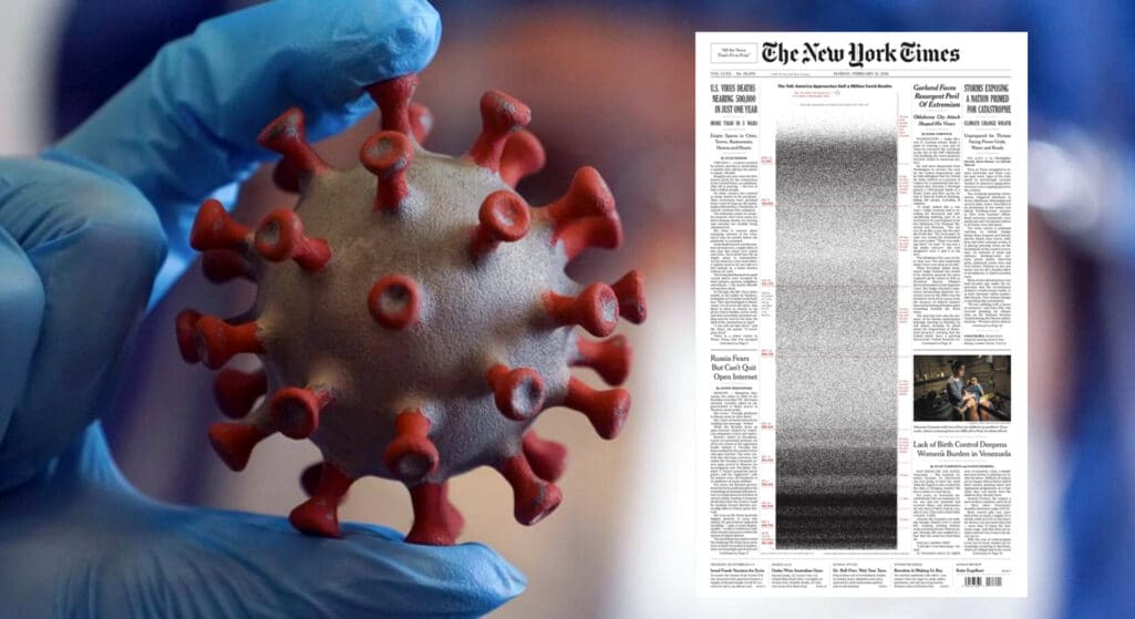 Κάθε κουκίδα αντιπροσωπεύει μία ζωή που στέρησε η πανδημία του κορωνοϊού στο πρωτοσέλιδο των New York Times, Κυριακή 21 Φεβρουαρίου, τη στιγμή που οι Ηνωμένες Πολιτείες προσεγγίζουν το θλιβερό αρνητικό ρεκόρ των 500.000 νεκρών από τη νόσο Covid-19